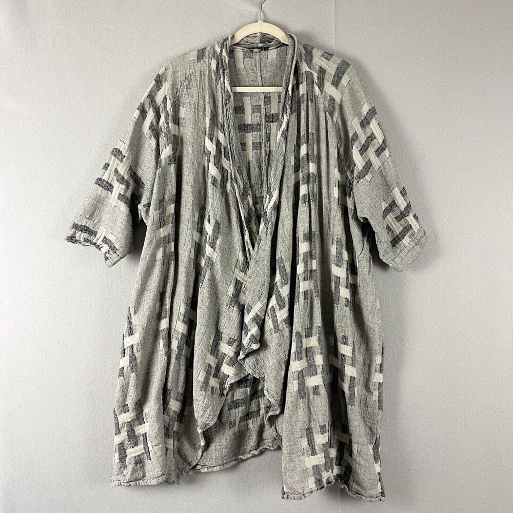 Grizas Linen Blend Long Cardigan Womens Medium Gray Textured Lagenlook Drapey